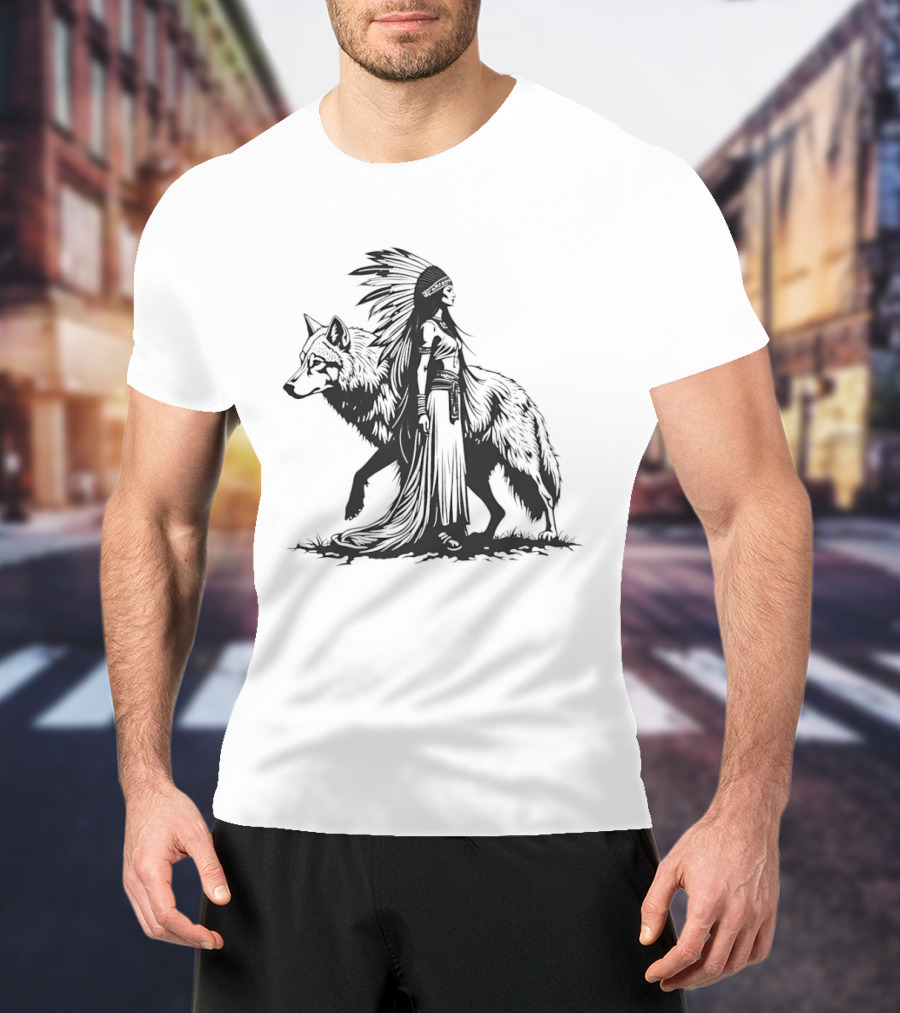 Native Woman And Wolf Connection Tribal Spirit Headdress T-Shirt