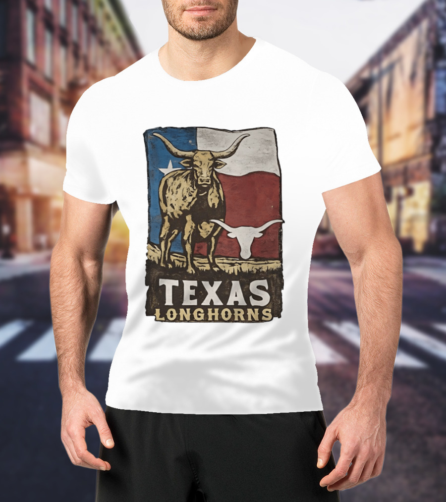 Texas Longhorns Flag Vintage Style Cow T-Shirt