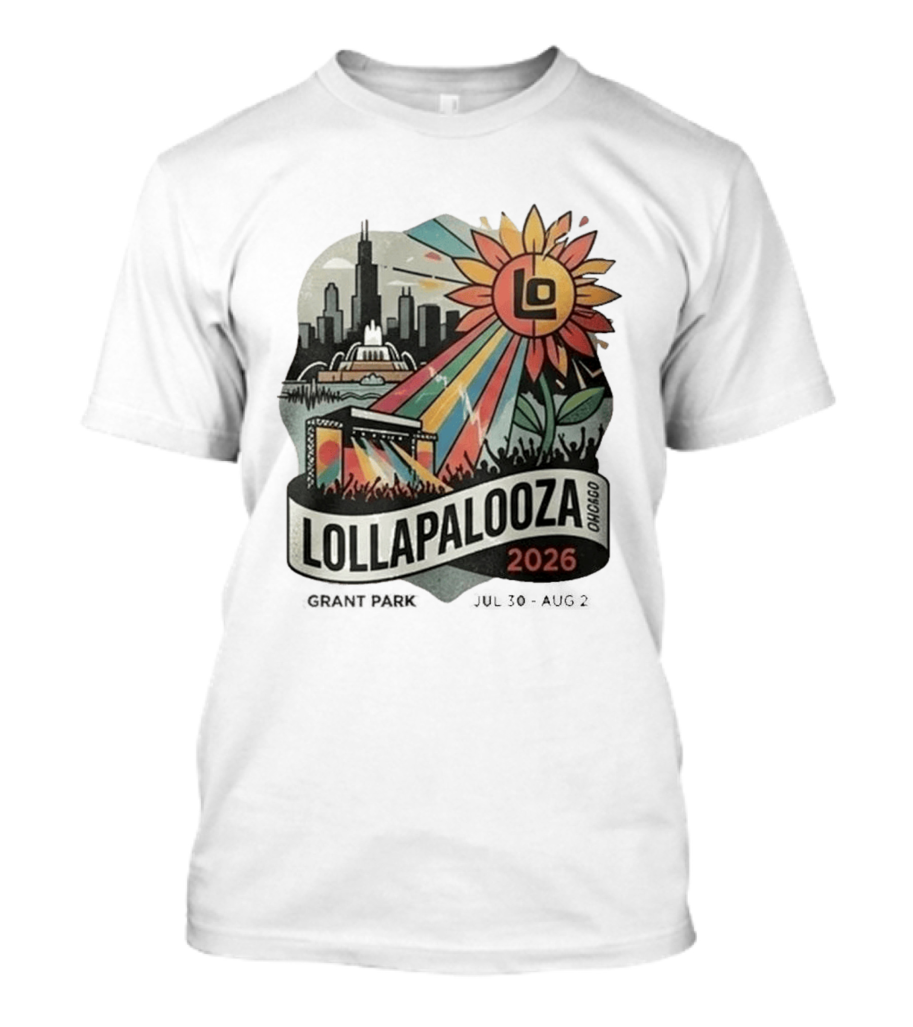 Lollapalooza 2026 Chicago Grant Park Skyline Sunflower Festival T-Shirt