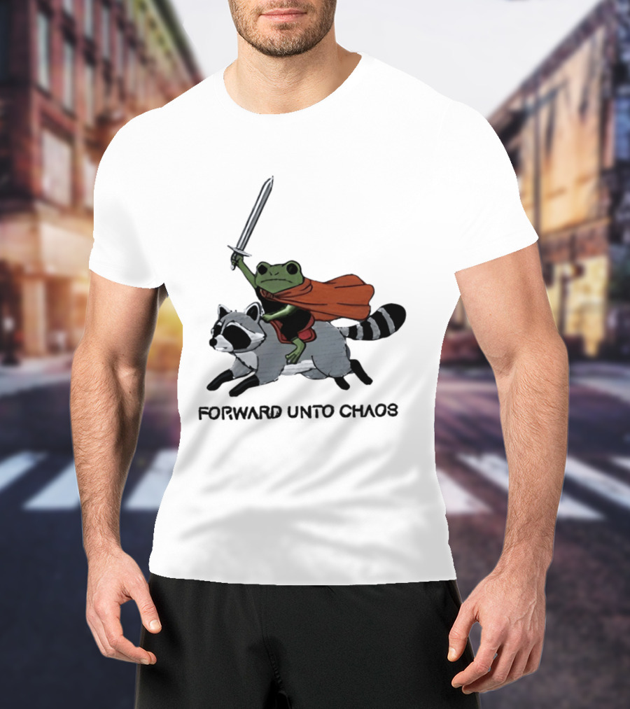 Embroidered Sword Wielding Frog Riding Raccoon Forward Unto Chaos T-Shirt