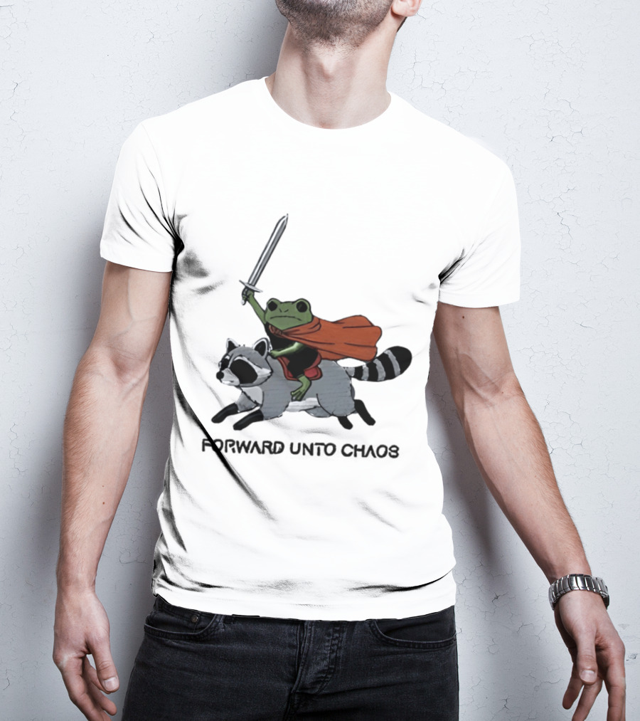 Embroidered Sword Wielding Frog Riding Raccoon Forward Unto Chaos T-Shirt