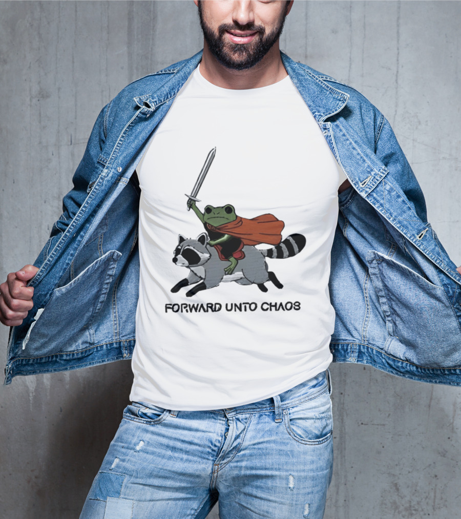 Embroidered Sword Wielding Frog Riding Raccoon Forward Unto Chaos T-Shirt