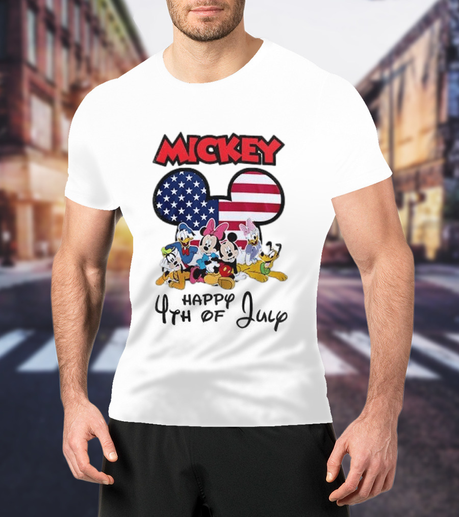 Mickey Mouse Happy 4th Of July Disney Celebration With American Flag And Characters T-Shirt