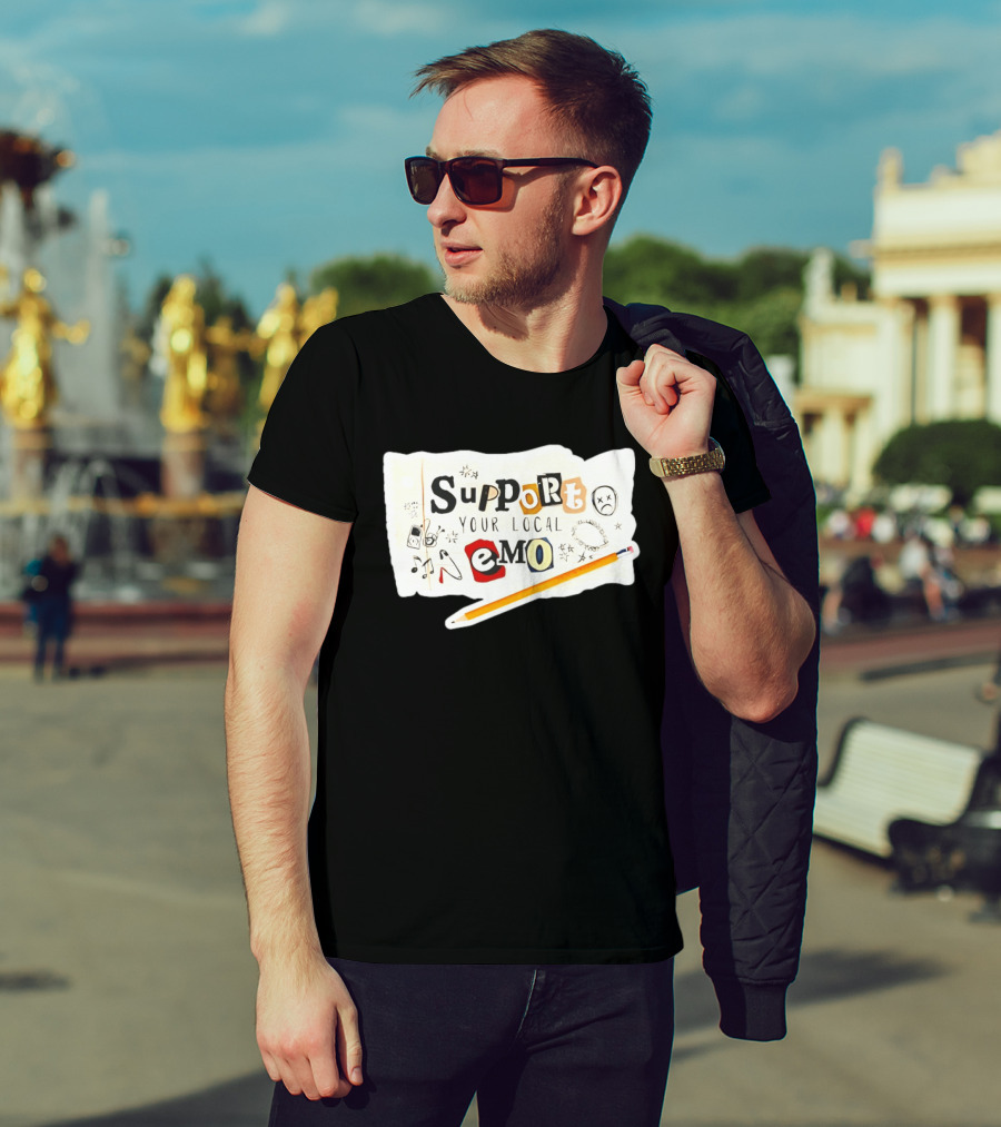 Support Your Local Emo Cutout Style With Pencil And Emojis T-Shirt