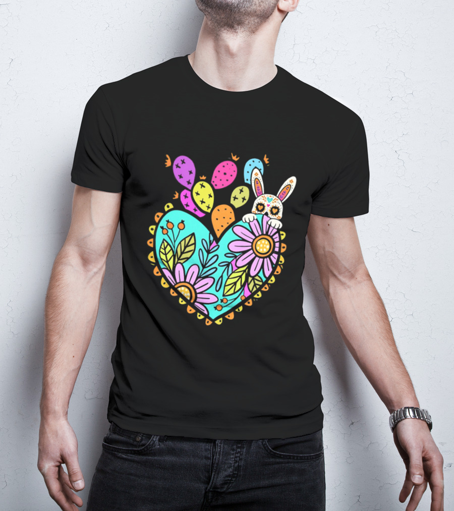 Easter Day Rabbit Holding Heart Sagrado Corazon Floral Bunny Balloons T-Shirt
