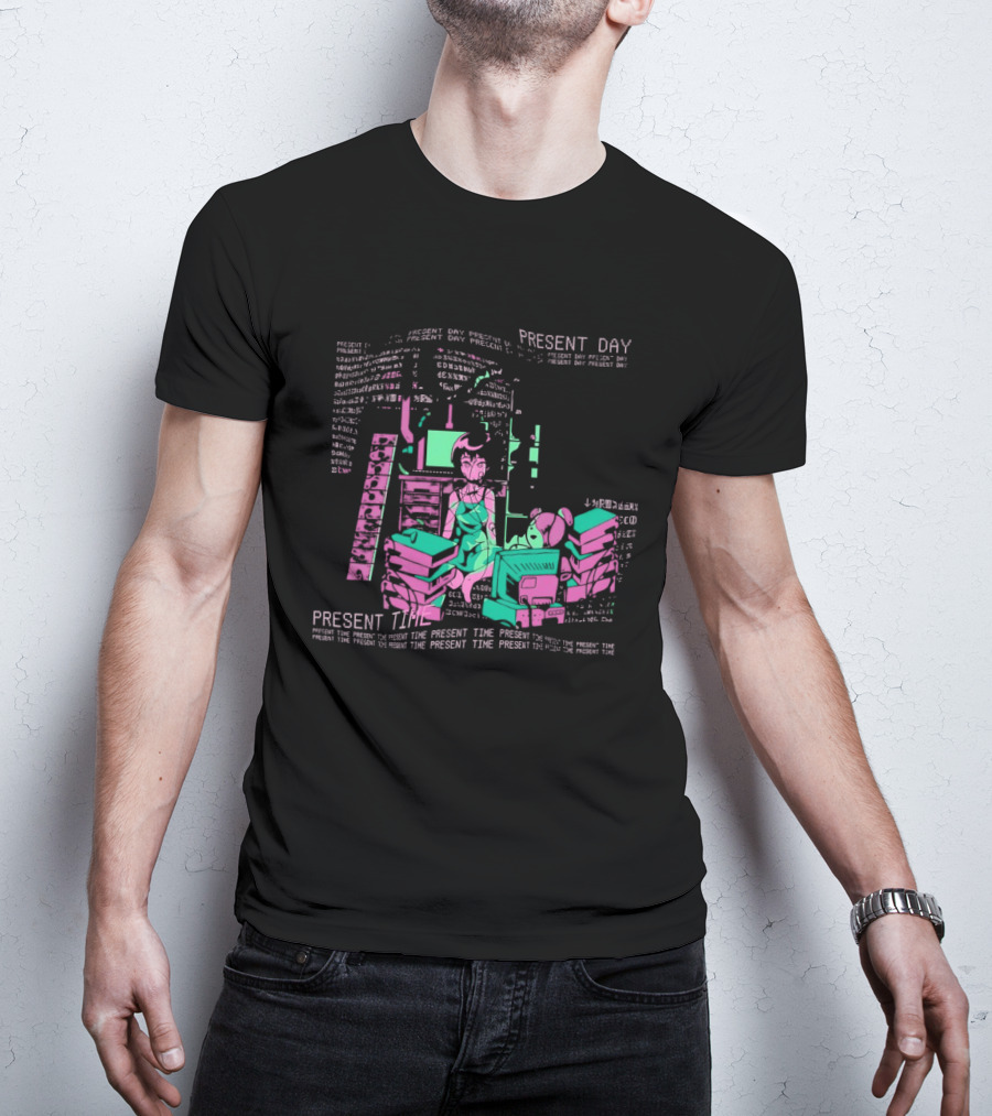 Connect To The Wired Present Day Present Time Retro Tech Aesthetic Stack Of Devices T-Shirt