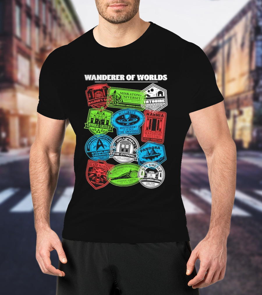 Wanderer Of Worlds Travel Stamps Baldur's Gate Miskatonic Hyrule Middle Earth Narnia T-Shirt