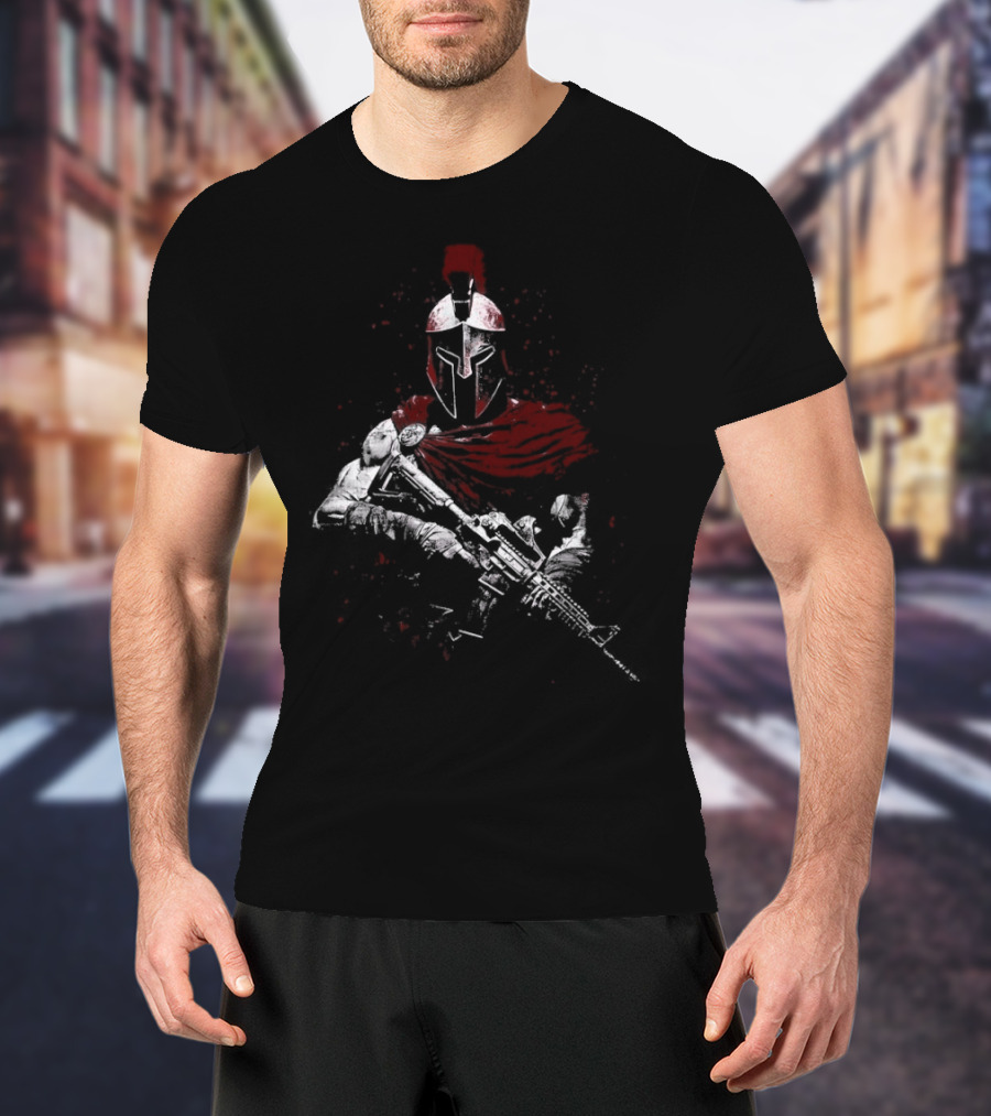 Warrior Ethos Holding Gun Wearing Spartan Helmet Blood Red Cape T-Shirt