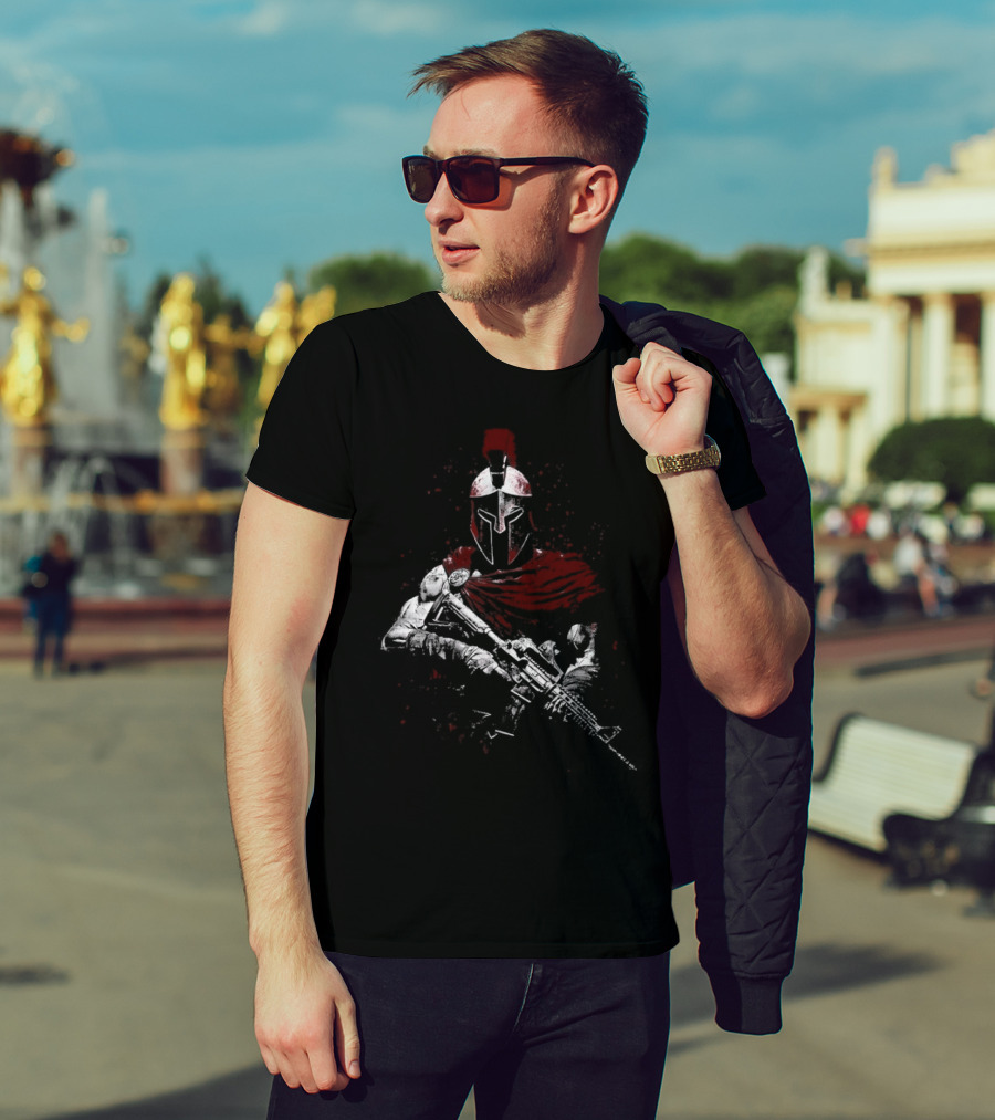 Warrior Ethos Holding Gun Wearing Spartan Helmet Blood Red Cape T-Shirt