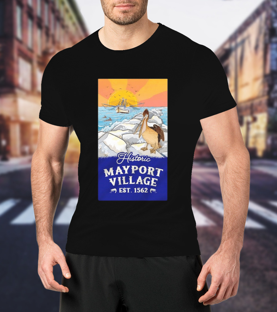 Historic Mayport Village EST 1562 Ocean Sunrise Pelican And Fishing Boat T-Shirt