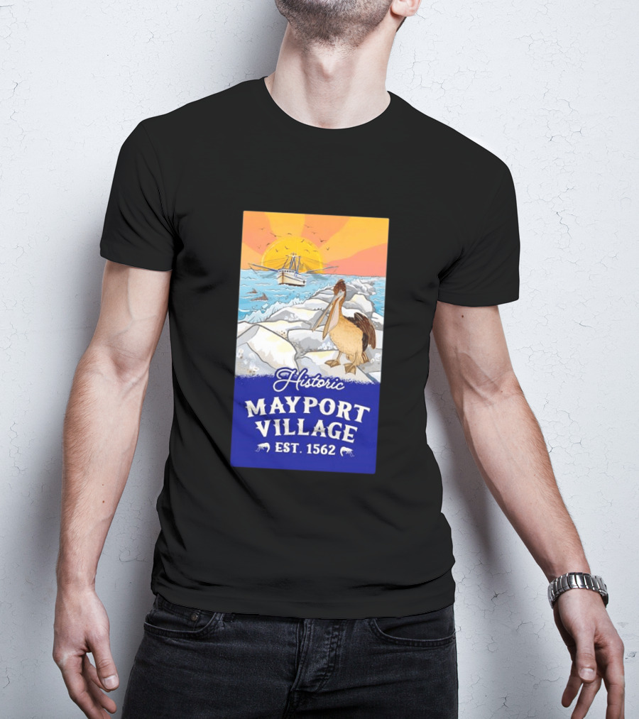 Historic Mayport Village EST 1562 Ocean Sunrise Pelican And Fishing Boat T-Shirt