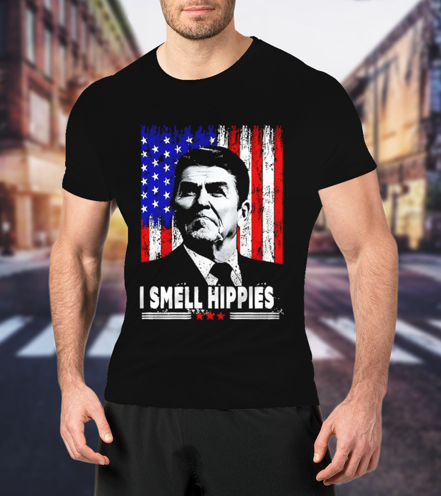 I Smell Hippies Reagan USA Flag Stars And Stripes T-Shirt