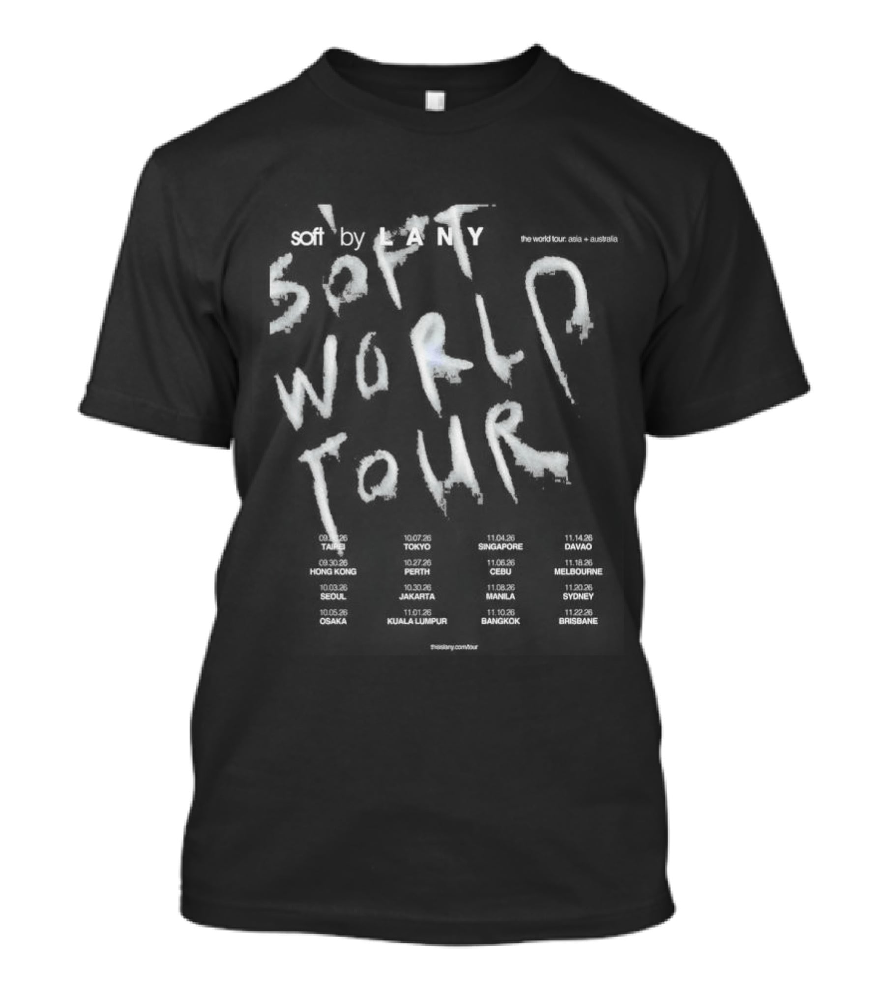 Lany Band 2026 Soft World Tour Dates Retro Grunge Style With Distressed Typography And Event Cities T-Shirt