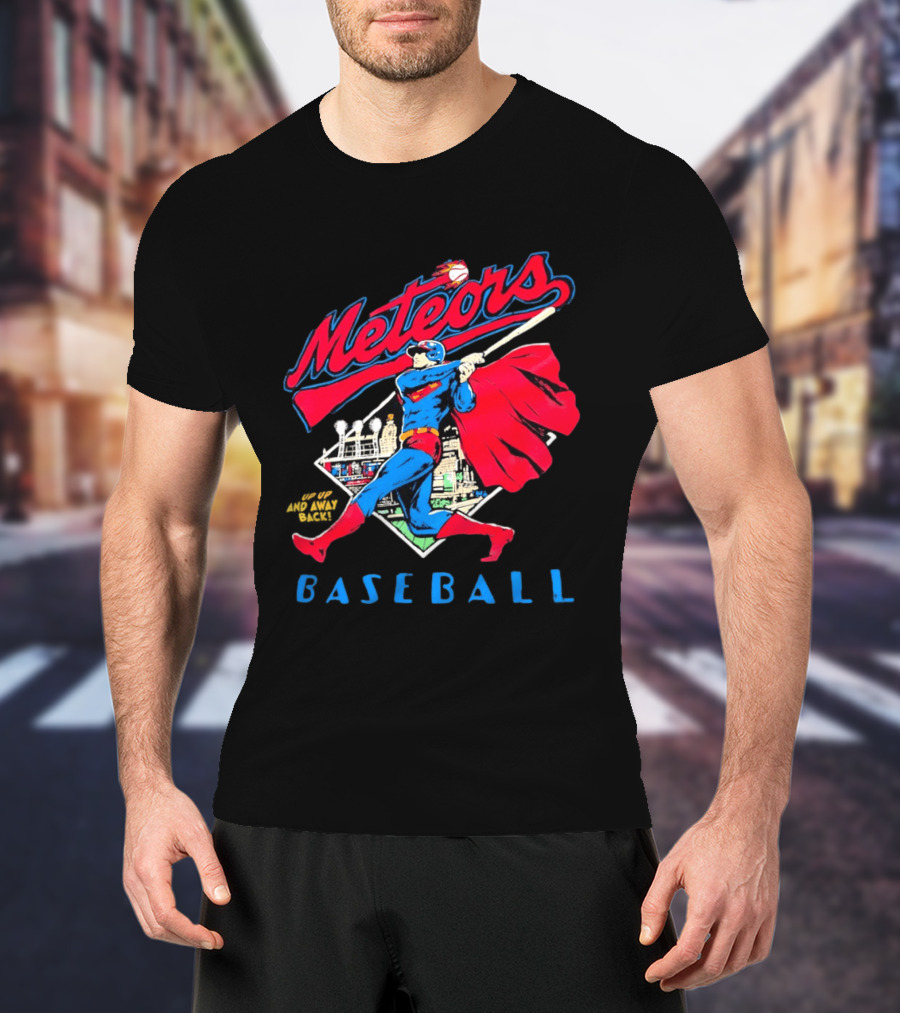 Meteors Baseball Superhero Swinging Bat Power City Stadium Iconic Comic T-Shirt
