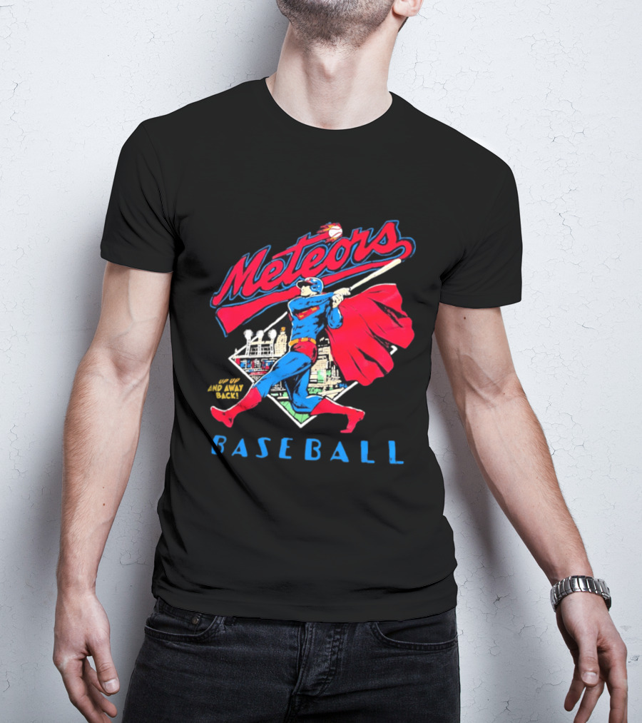 Meteors Baseball Superhero Swinging Bat Power City Stadium Iconic Comic T-Shirt