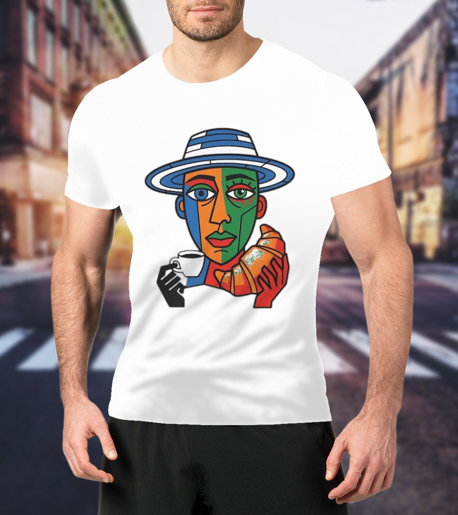 Cubist Coffee Drinker With Hat And Croissant T-Shirt