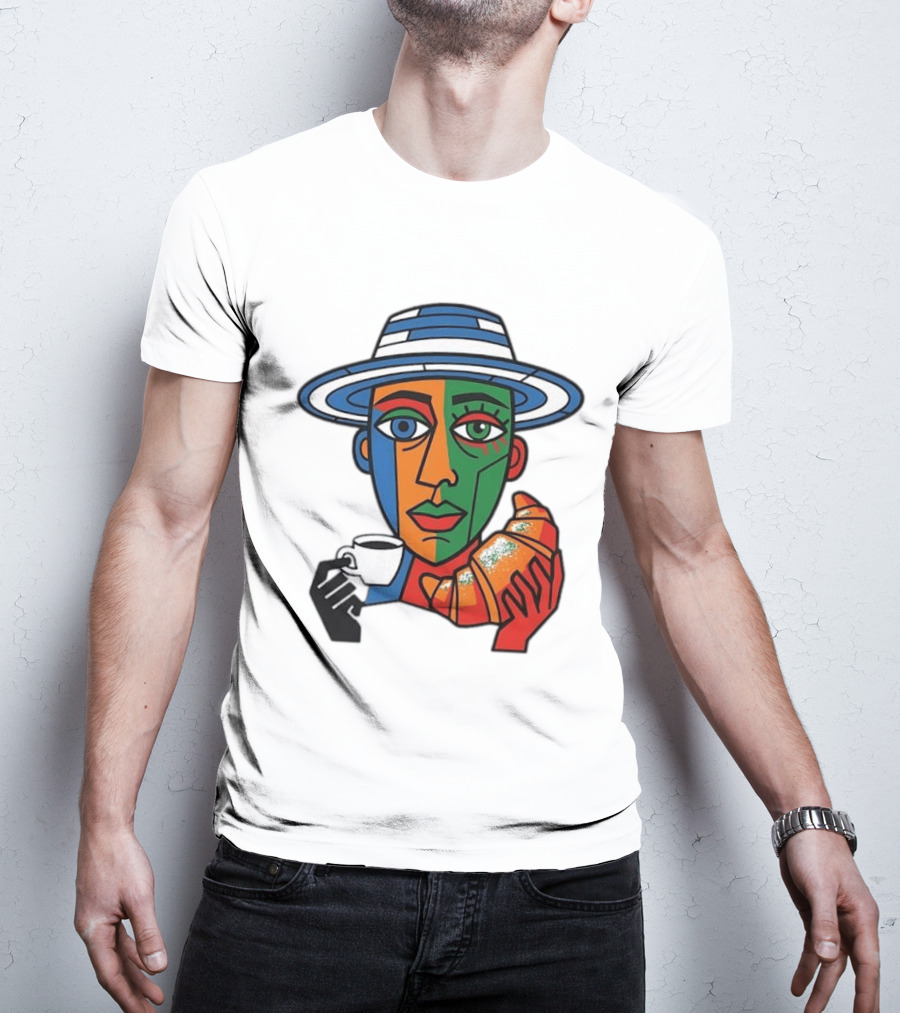 Cubist Coffee Drinker With Hat And Croissant T-Shirt