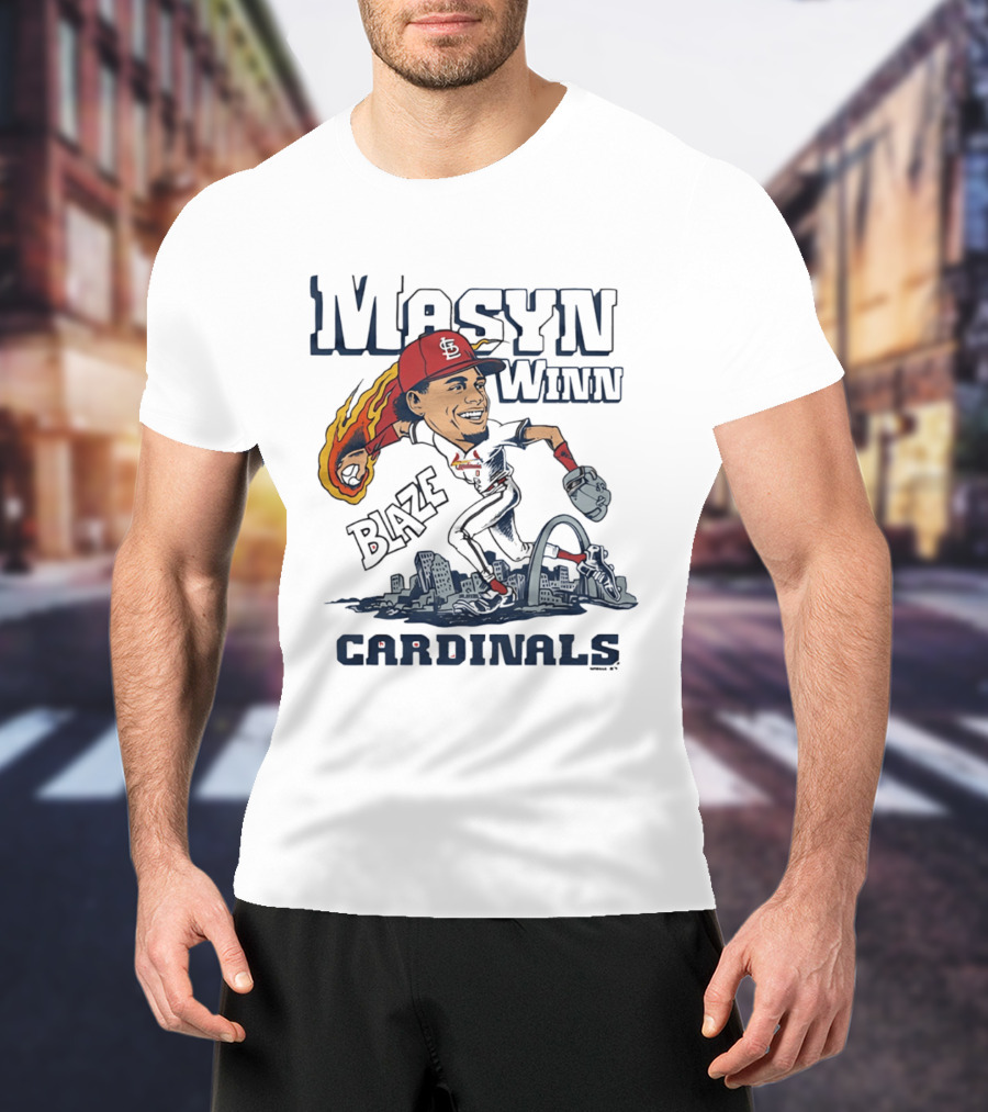 St. Louis Cardinals Masyn Winn Blaze Arch Skyline Caricature T-Shirt