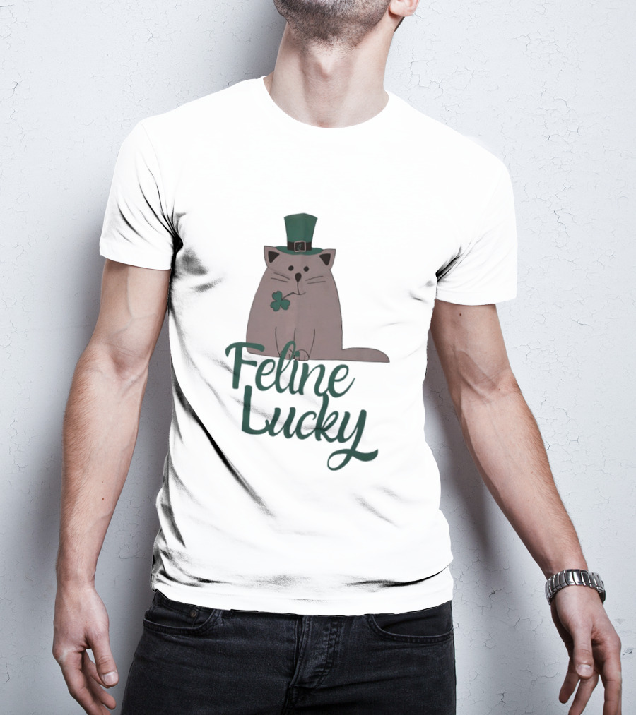 St Patrick's Day Feline Lucky Cat With Shamrock Hat T-Shirt