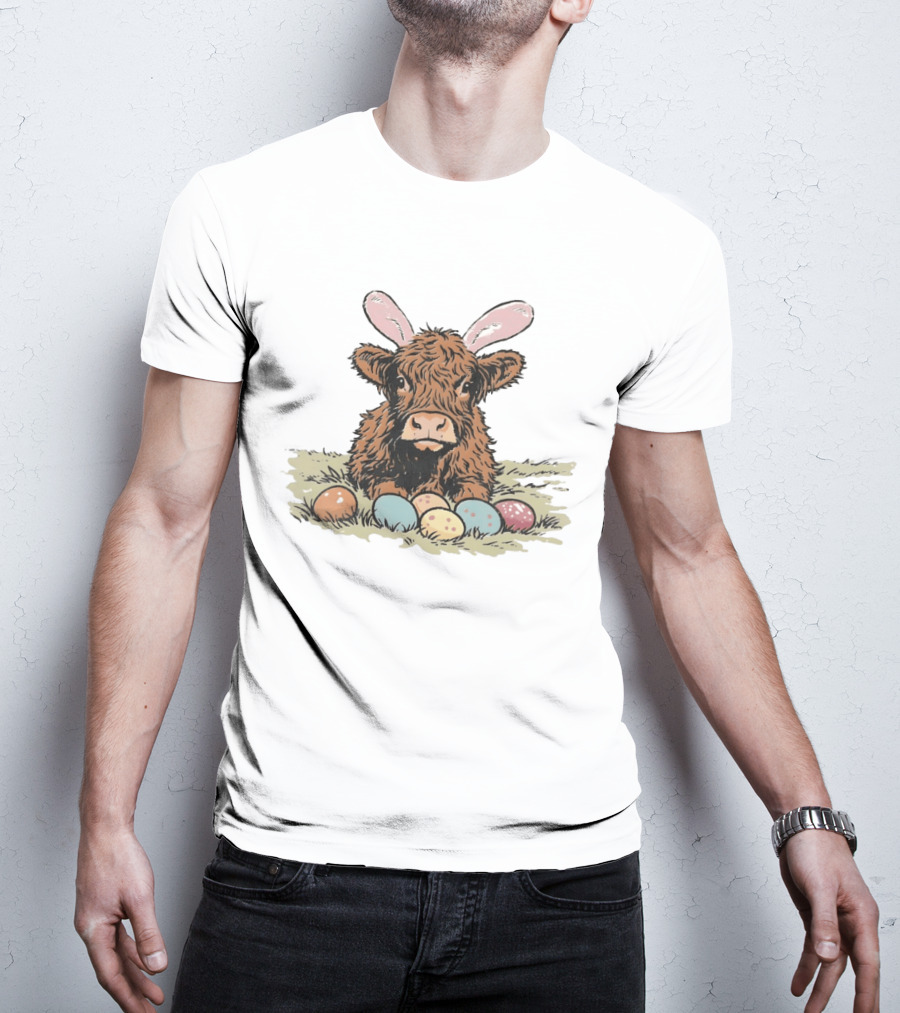Highland Cow With Easter Eggs And Bunny Ears Easter Day 2026 T-Shirt