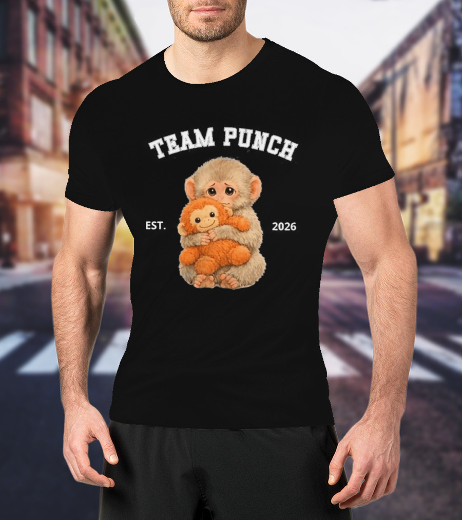 Team Punch Monkey EST 2026 Cute Baby Monkey Holding Plush Toy T-Shirt