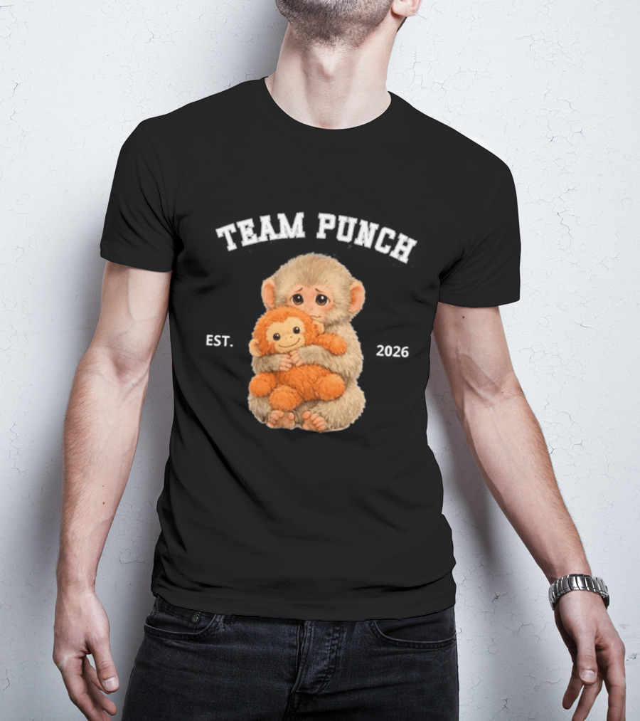 Team Punch Monkey EST 2026 Cute Baby Monkey Holding Plush Toy T-Shirt