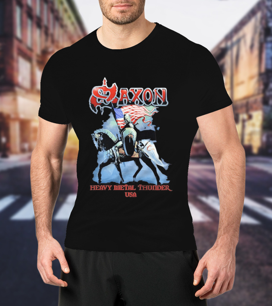 Saxon Heavy Metal Knight With American Flag USA T-Shirt