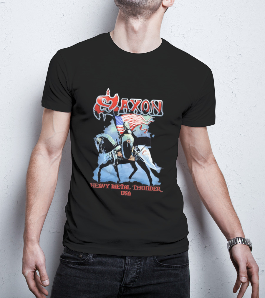 Saxon Heavy Metal Knight With American Flag USA T-Shirt