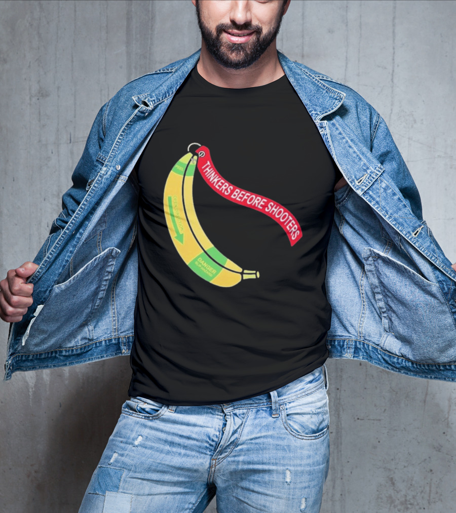 Thinkers Before Shooters John Jackson Banana Warning Peel Open Direction T-Shirt