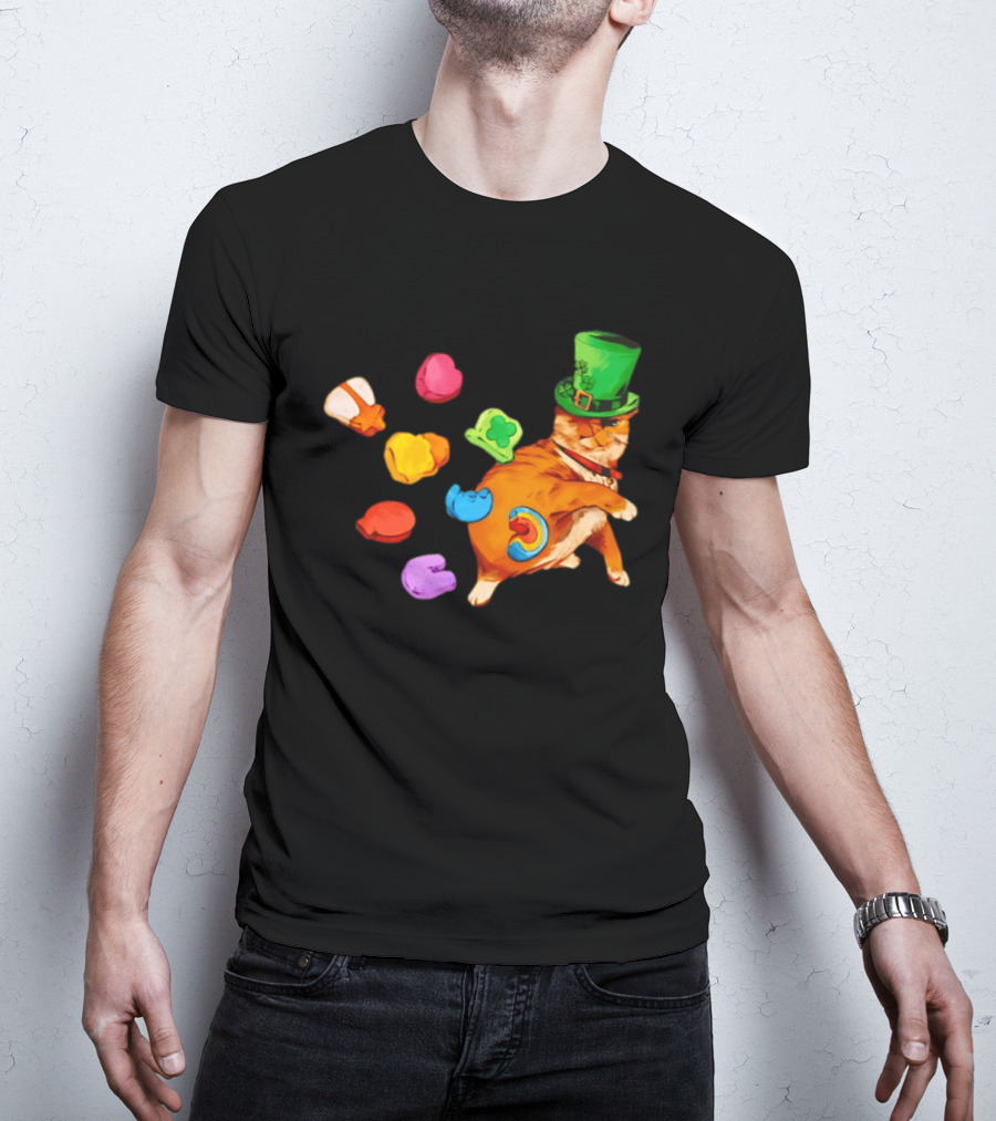 Lucky Cat With Green Clover Hat And Multicolored Elements St Patrick's Day T-Shirt