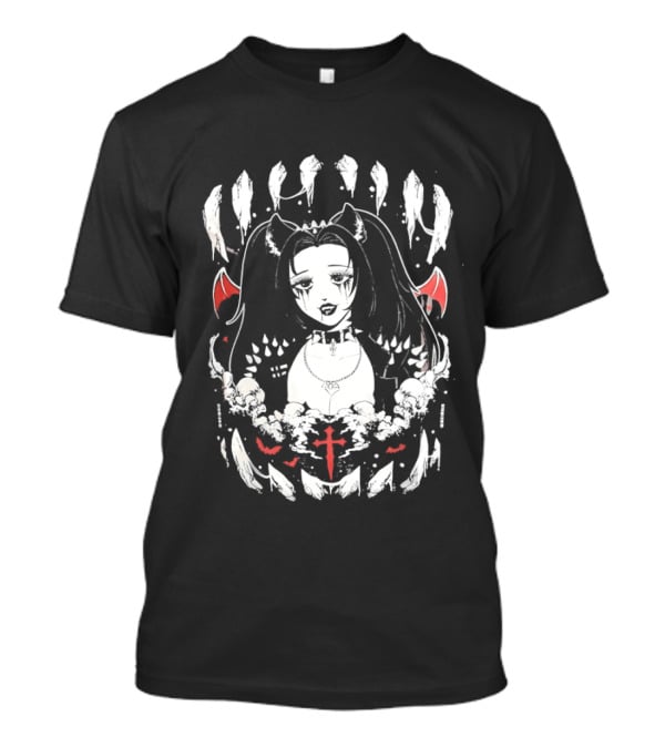 Emo Gothic Girl Bat Wings Cross And Skull Elements Dark Aesthetic T-Shirt