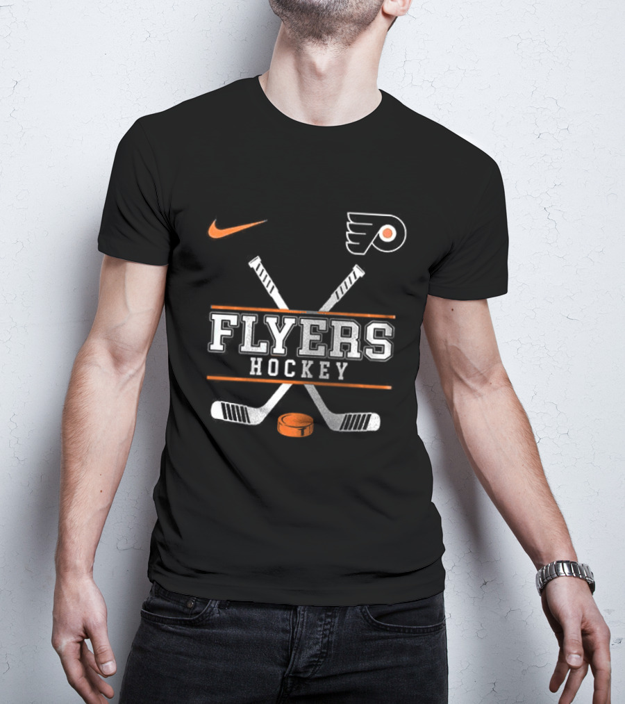 Philadelphia Flyers Nike Hockey Crossed Sticks And Puck T-Shirt