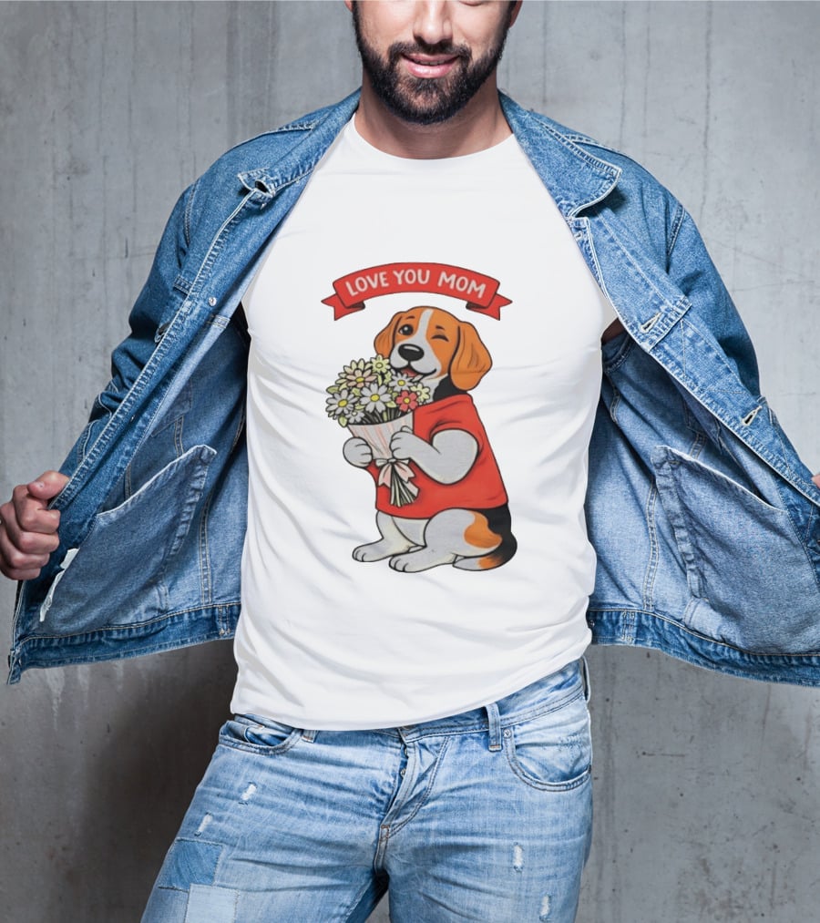 Love You Mom Beagle Holding Flowers Bouquet T-Shirt