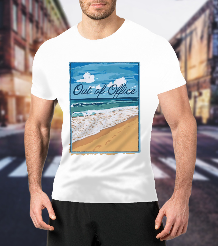 Out Of Office Beach Painting Photo 2025 Blue Sky Ocean Waves Sand T-Shirt