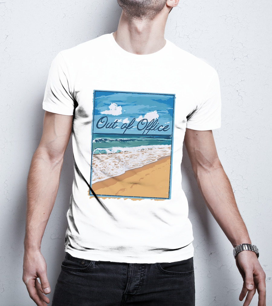 Out Of Office Beach Painting Photo 2025 Blue Sky Ocean Waves Sand T-Shirt