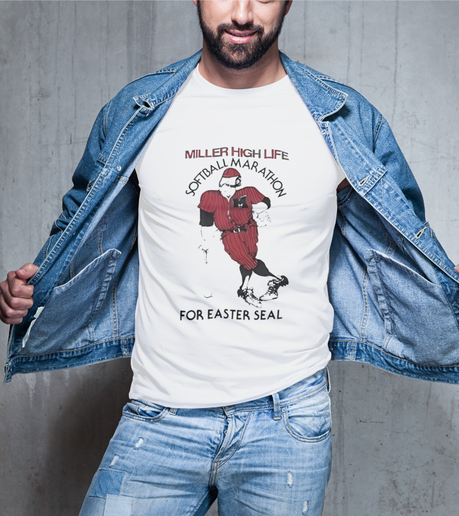 Miller High Life Softball Marathon For Easter Seal Player In Red Uniform T-Shirt