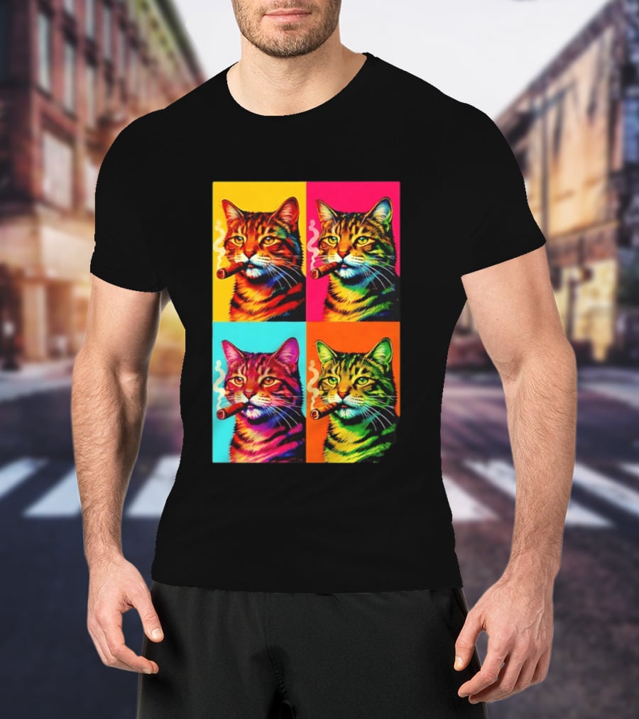 Pop Art Cat Smoking Cigar Colorful Comic T-Shirt