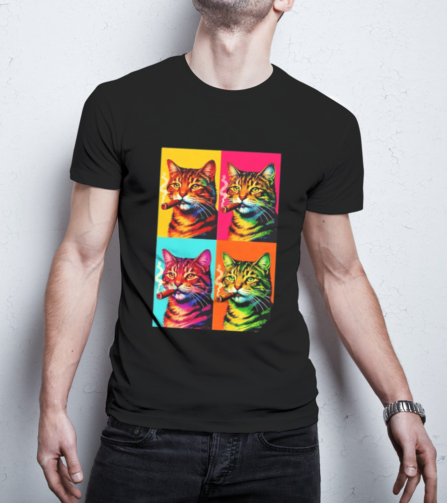 Pop Art Cat Smoking Cigar Colorful Comic T-Shirt