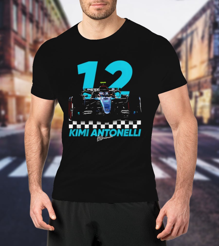 Kimi Antonelli 12 Formula One Racing Car With Checkered Flag T-Shirt