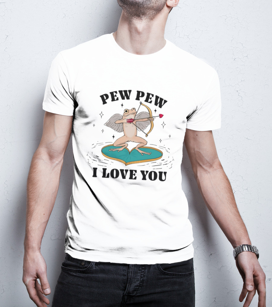 Pew Pew Cupid Frog Holding Love Bow Heart Shaped Lotus Leaf I Love You T-Shirt