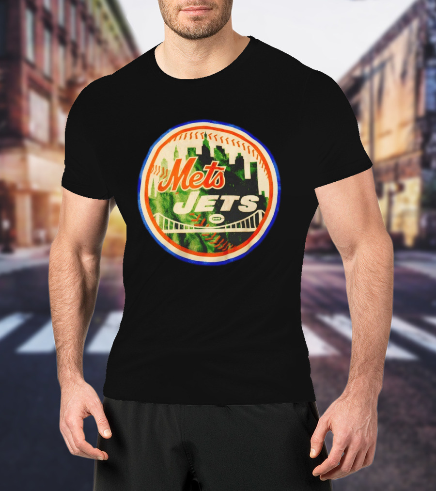 New York Mets Jets Football Baseball Crossover Skyline Bridge T-Shirt