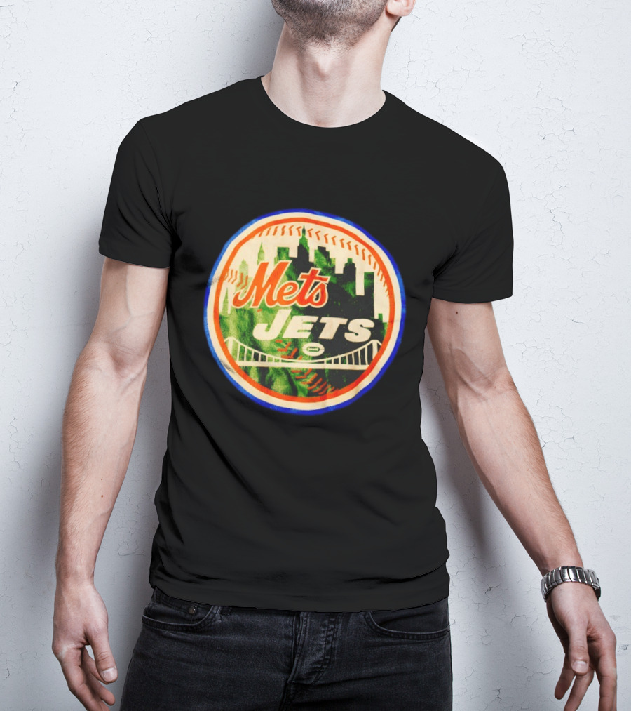 New York Mets Jets Football Baseball Crossover Skyline Bridge T-Shirt