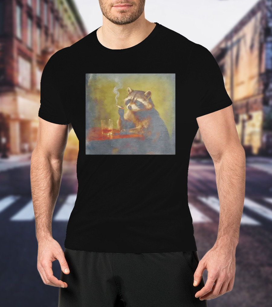 Sad Raccoon Smoking Cigarette And Drinking Whiskey Scene T-Shirt