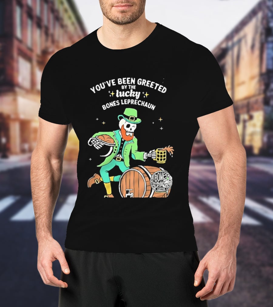 Lucky Bones Leprechaun With Beer And Barrel Celebration T-Shirt