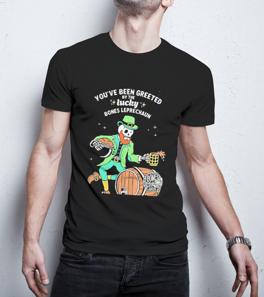 Lucky Bones Leprechaun With Beer And Barrel Celebration T-Shirt