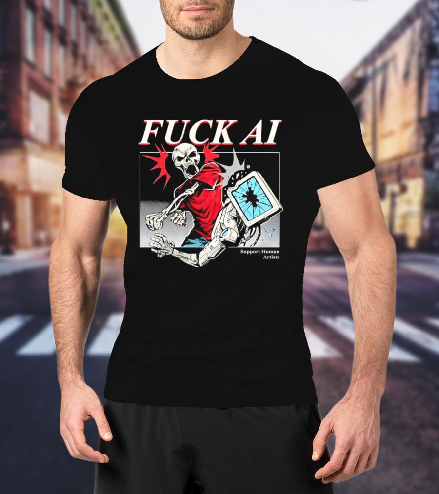 Skeleton Punch Robot Fuck AI Support Human Artists T-Shirt