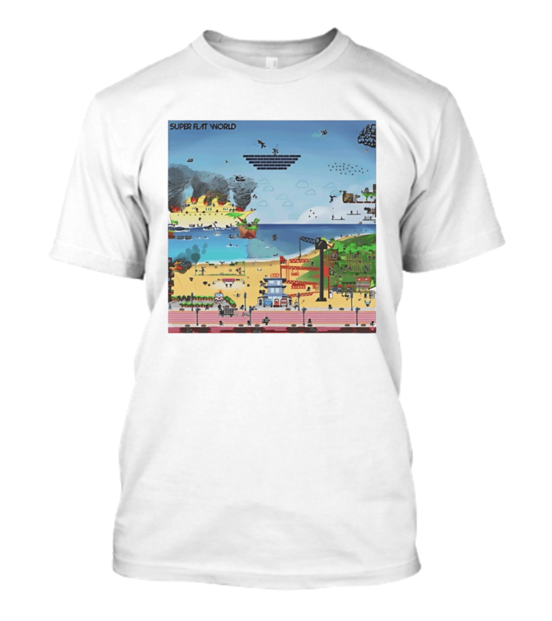 Super Flat World Cartoon Pixel Art Adventure Beach Cityscape Fantasy T-Shirt