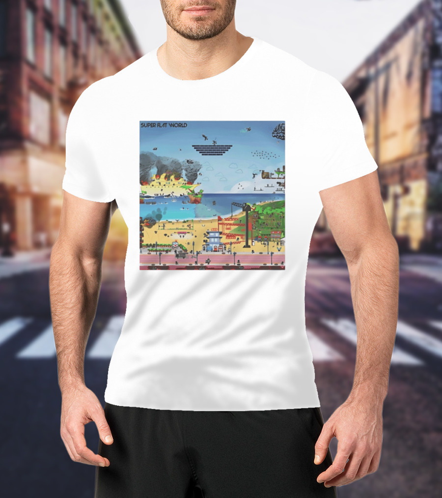 Super Flat World Cartoon Pixel Art Adventure Beach Cityscape Fantasy T-Shirt