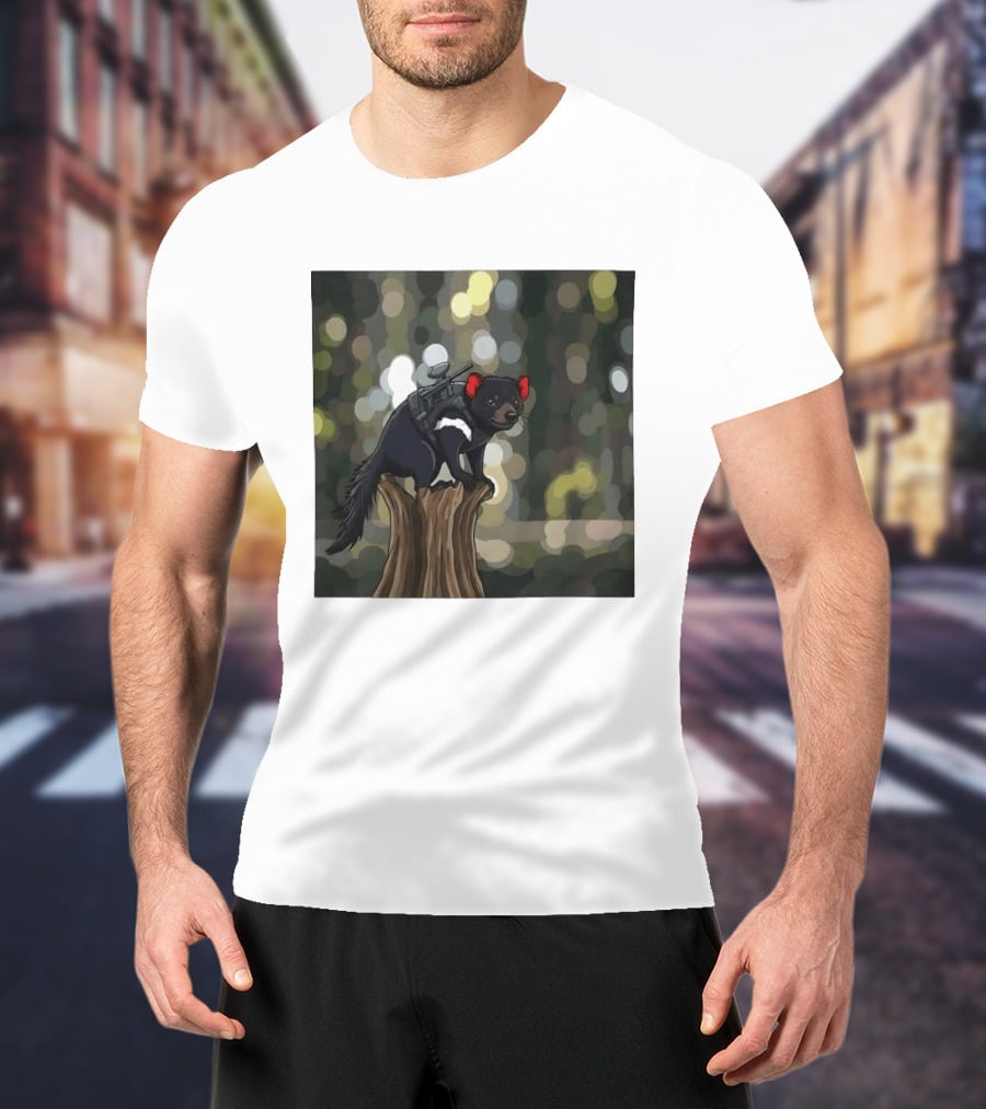 Tasmanian Devil With Machine Gun Cartoon On Tree Stump T-Shirt
