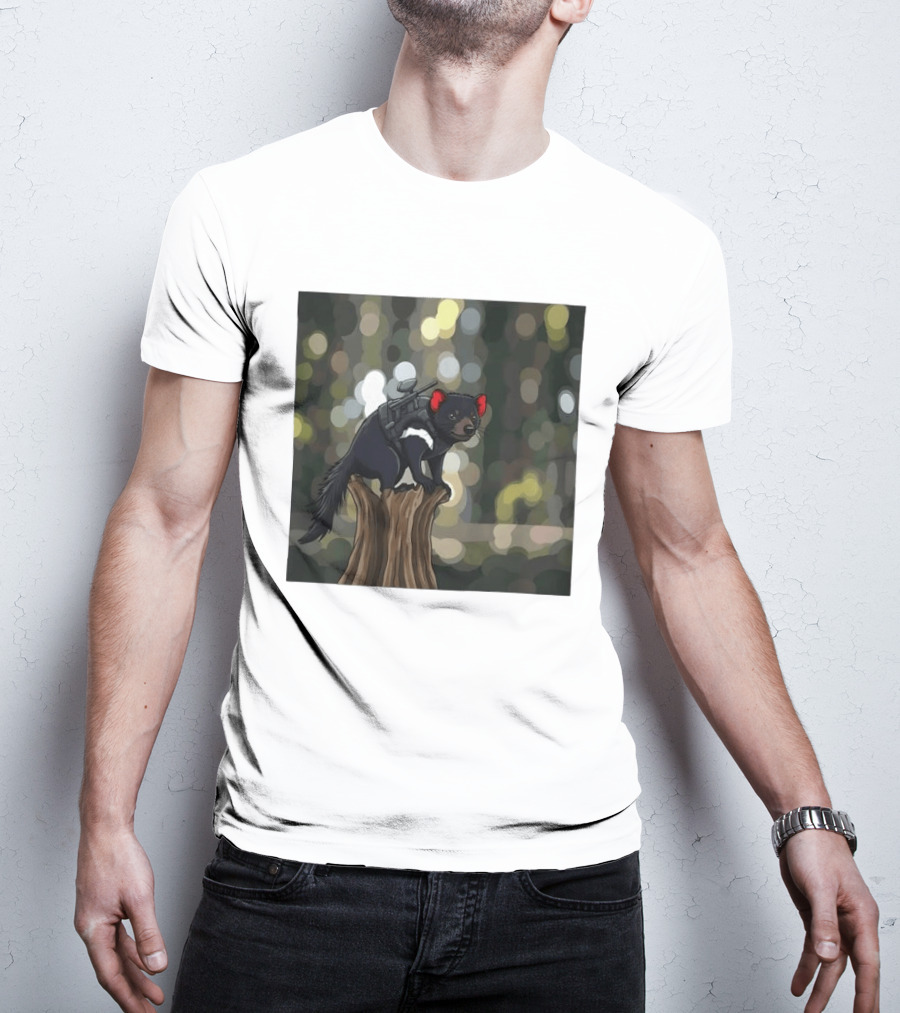 Tasmanian Devil With Machine Gun Cartoon On Tree Stump T-Shirt